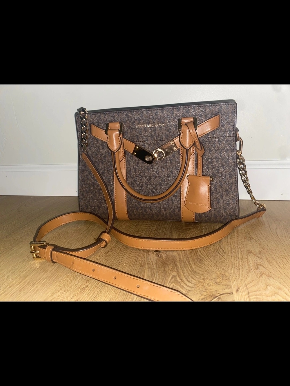 Michael Kors Brown & Tan Monogram Satchel with Gold Hardware